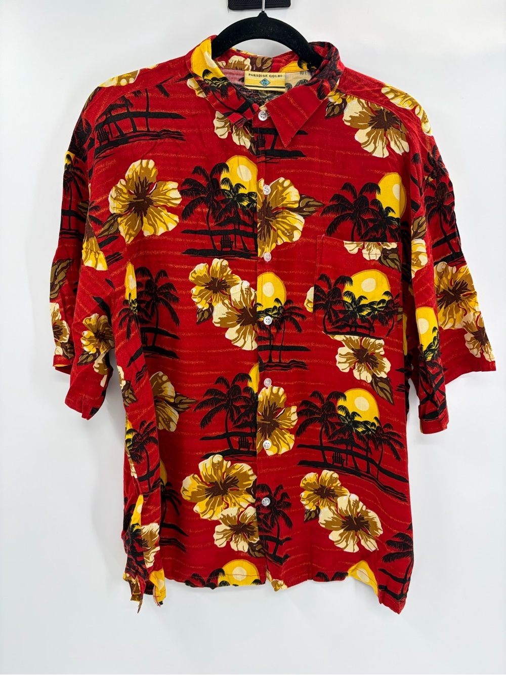Paradise Gold Hawaiian Shirt Red Floral Palm Tree Rayon Aloha Camp Shirt size xl